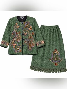 Indigo Moon Women’s L Embroidered Boho Jacket & Skirt Fringe Lagenlook Artsy